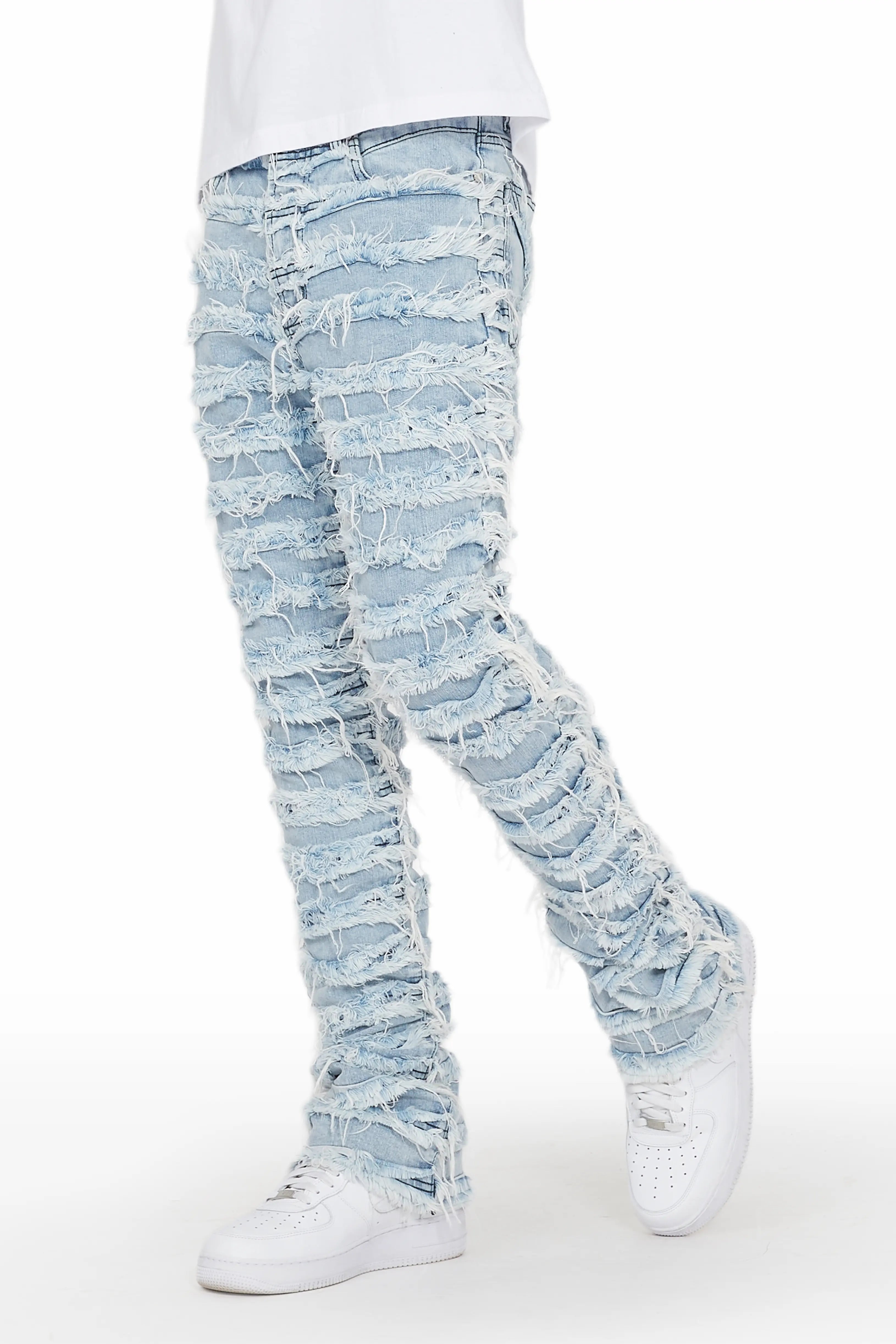 Patchwork Jeans for Bohemian -Ayan Blue Distressed Stacked Flare Jeans