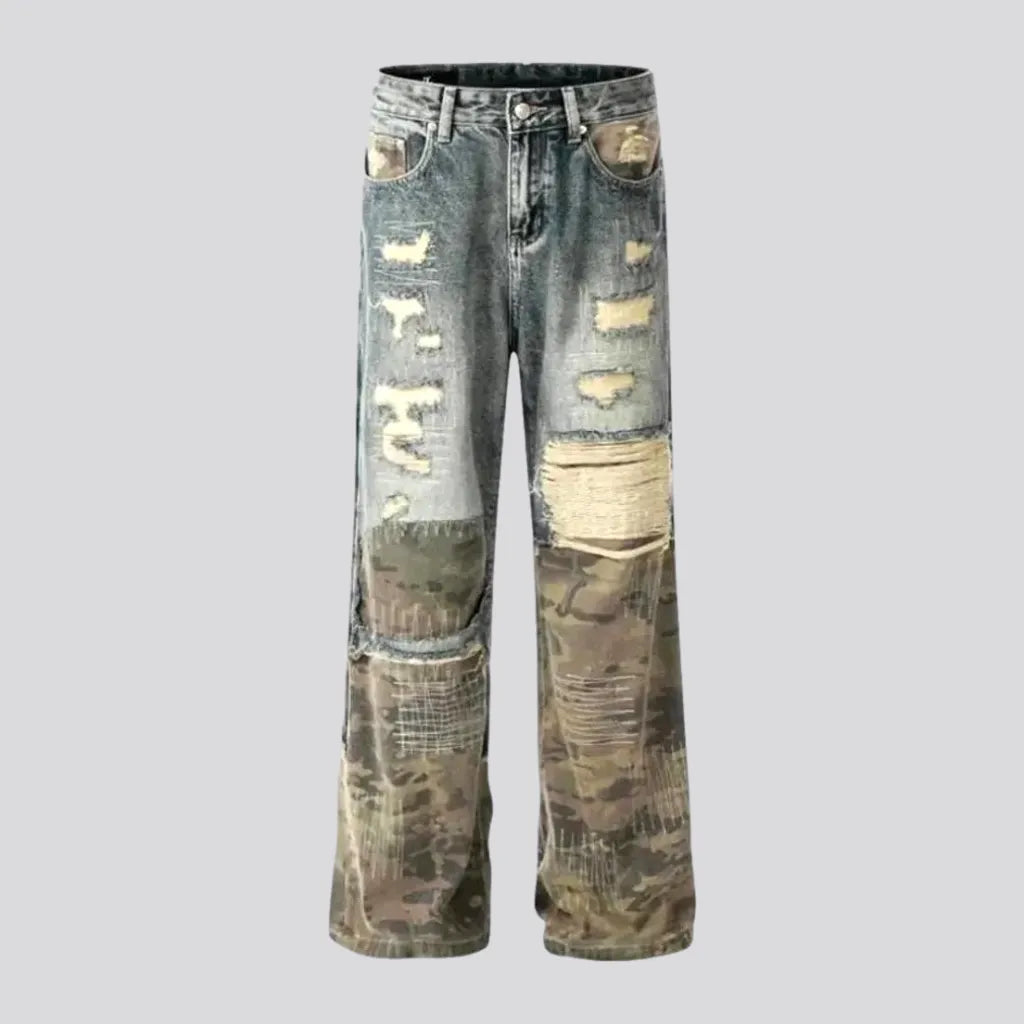 Wrap Skirt Jeans for Versatile -Retro patchwork camo men's jeans