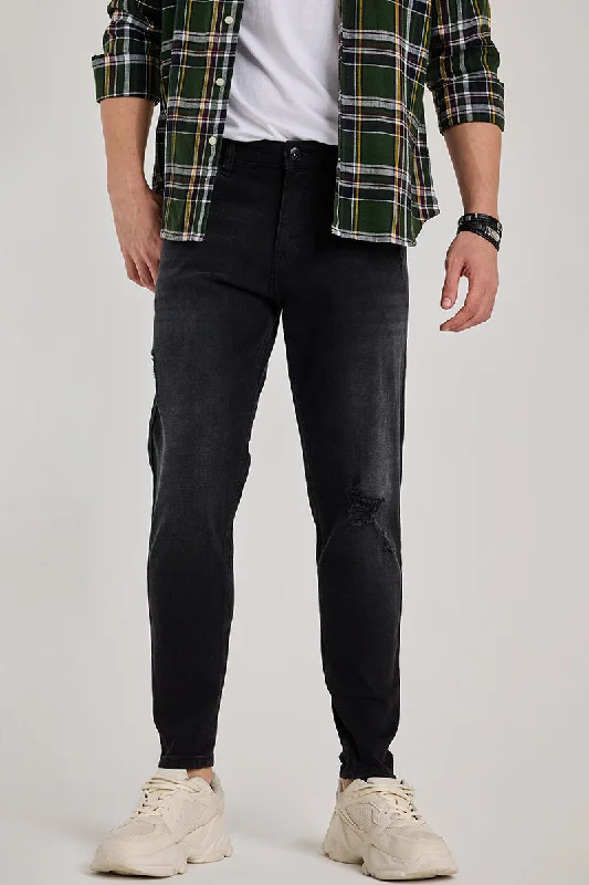 Outdoor Jeans for Adventures -Black Distressed Tapered Fit Jeans