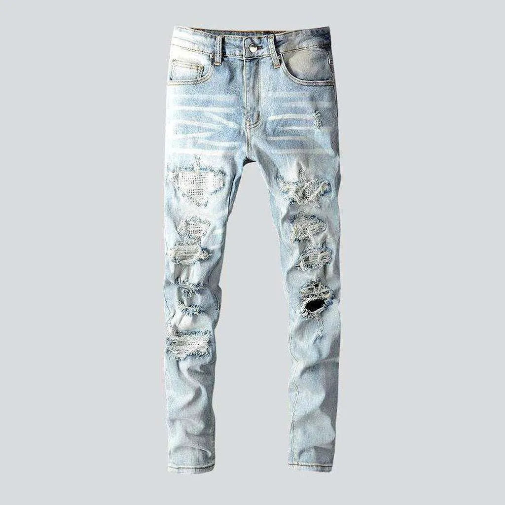 Travel Jeans for On-the-go -Crystal-embellished patchwork men's jeans