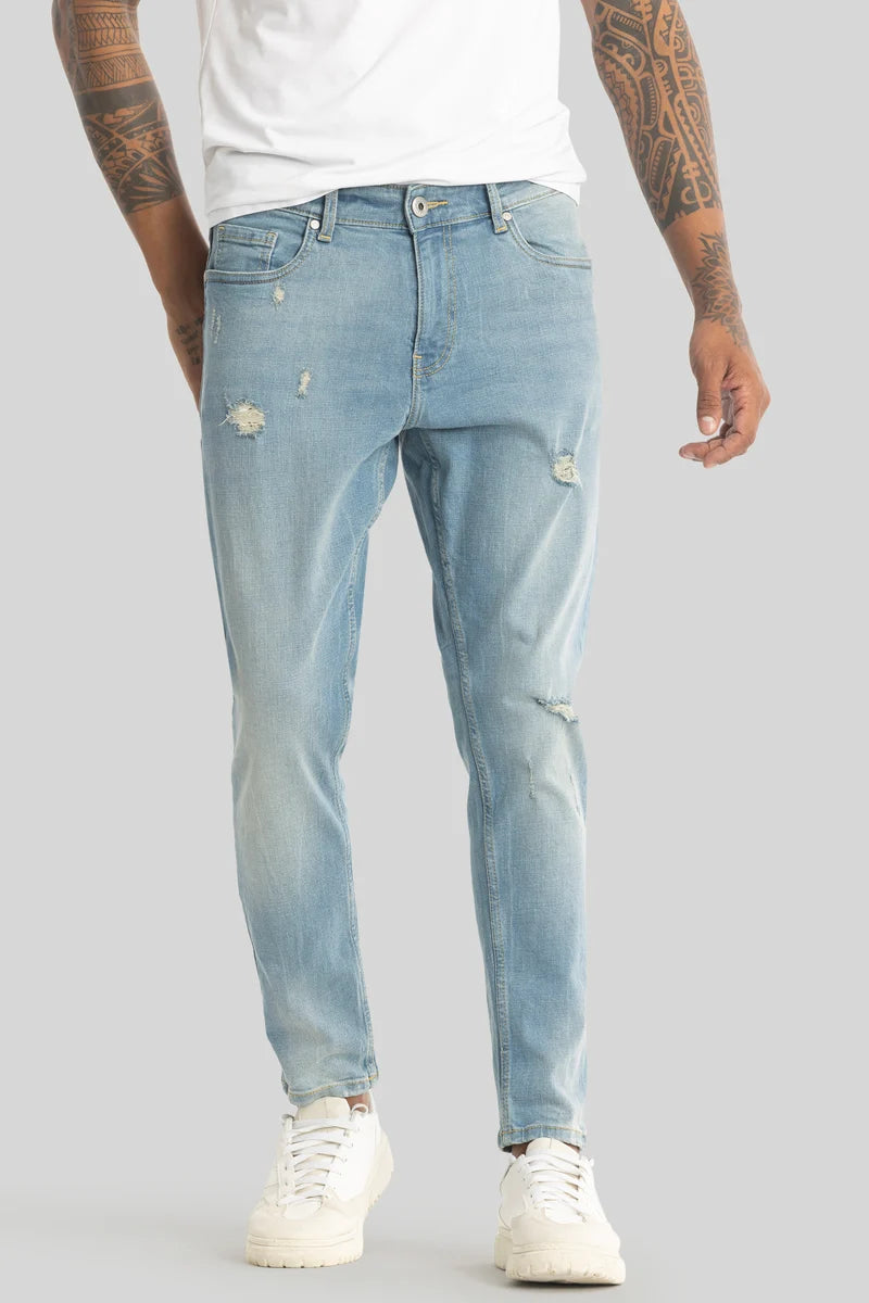 Straight Jeans for Classic Style -Electric Light Blue Distressed Skinny Fit Jeans