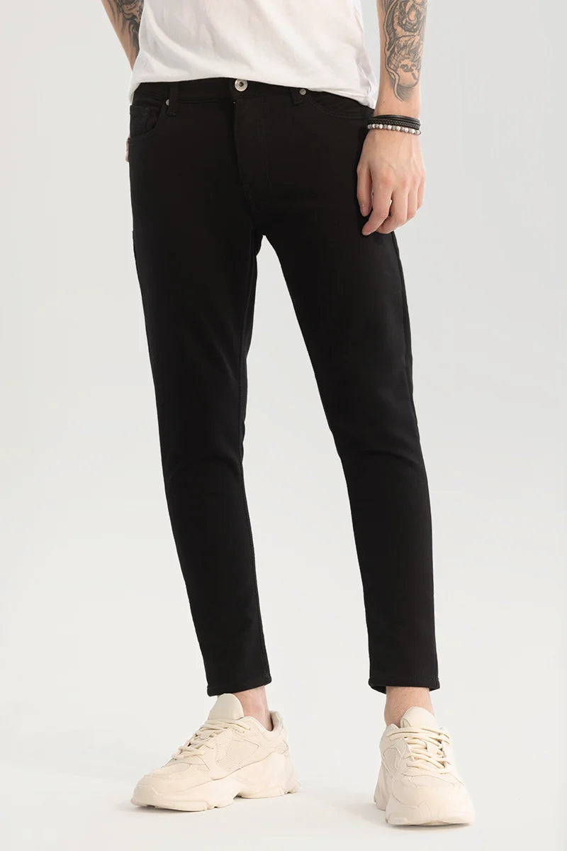 Leather Trim Jeans for Luxury -Black Plain Skinny Fit Jeans