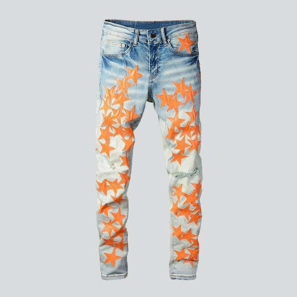 Relaxed Jeans for Comfortable -Orange stars embroidered men's jeans