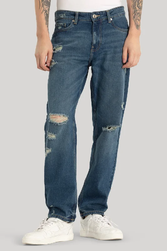 Mother's Day Jeans for Gift -Blue Distressed Relaxed Fit Jeans