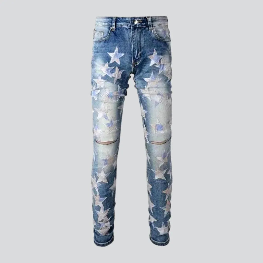 Sustainable Jeans for Eco -Stars-embroidery men's distressed jeans