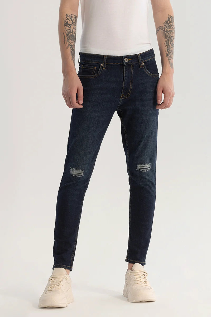 Camping Jeans for Wilderness -Navy Distressed Skinny Fit Jeans