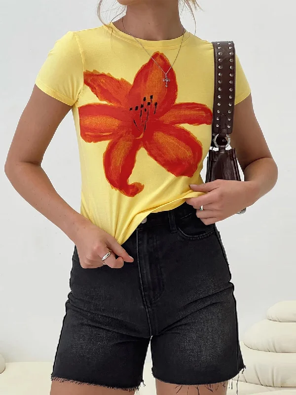 Solid Color Blouses for Simple -Rena Floral Print T-Shirt