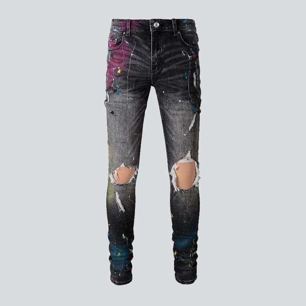 Straight Jeans for Classic Style -Distressed knees painted men's jeans