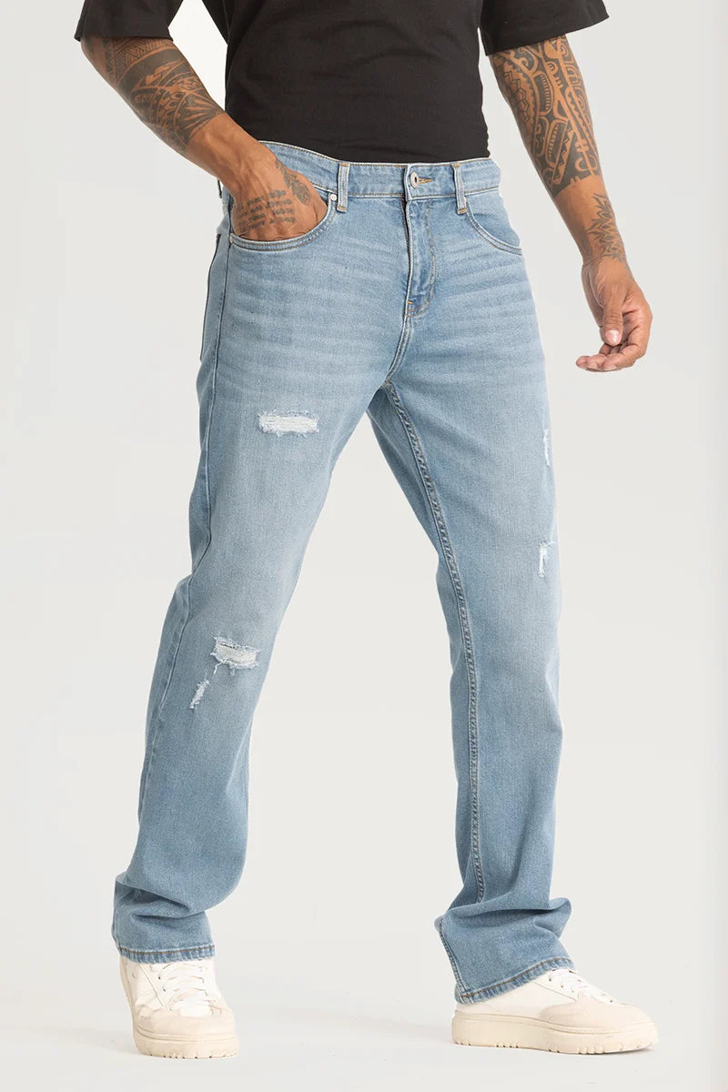 Weekend Jeans for Lazy -Light Blue Distressed Straight Fit Jeans