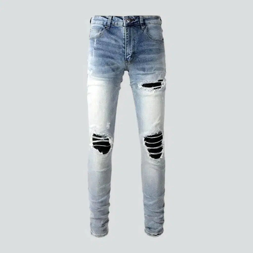 Colored Jeans for Variety -Black-patch whiskered jeans