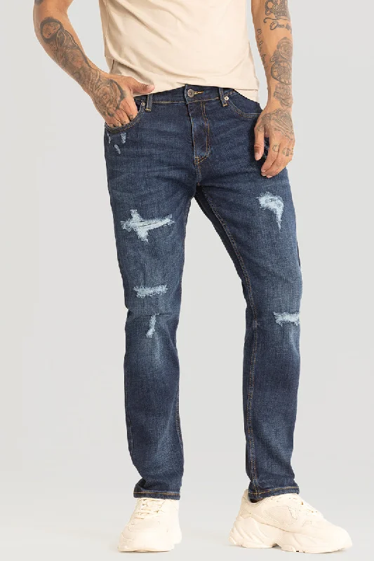 Raw Denim Jeans for Authentic -Navy Distressed Comfort Fit Jeans