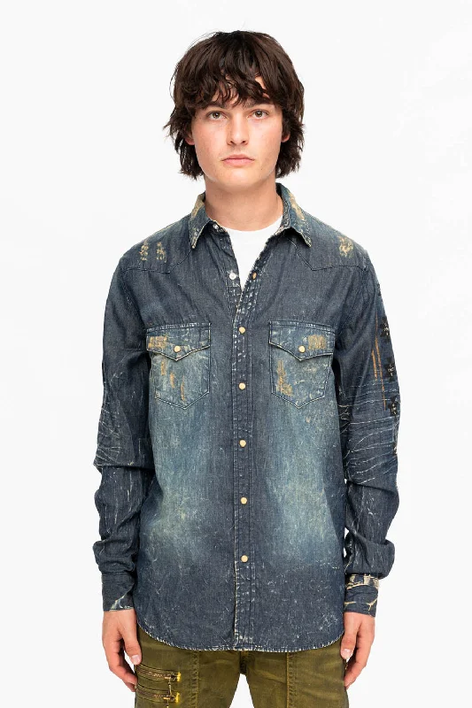 Nursing Blouses for Mothers -WESTERN STYLE MENS DENIM SHIRT WITH CRYSTALS