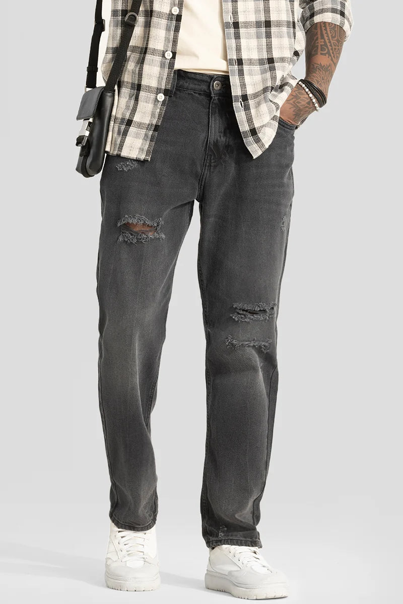 Fashion Jeans for Trendsetter -Charcoal Grey Distressed Relaxed Fit Jeans