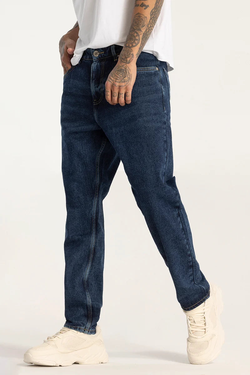 Overalls Jeans for Workwear -Dark Blue Plain Baggy Fit Jeans