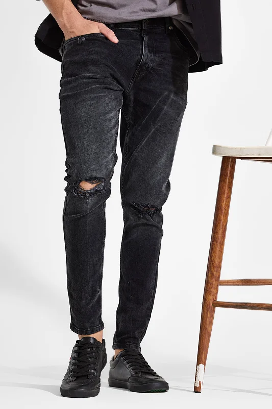 Relaxed Jeans for Comfortable -Charcoal Grey Distressed Skinny Fit Jeans