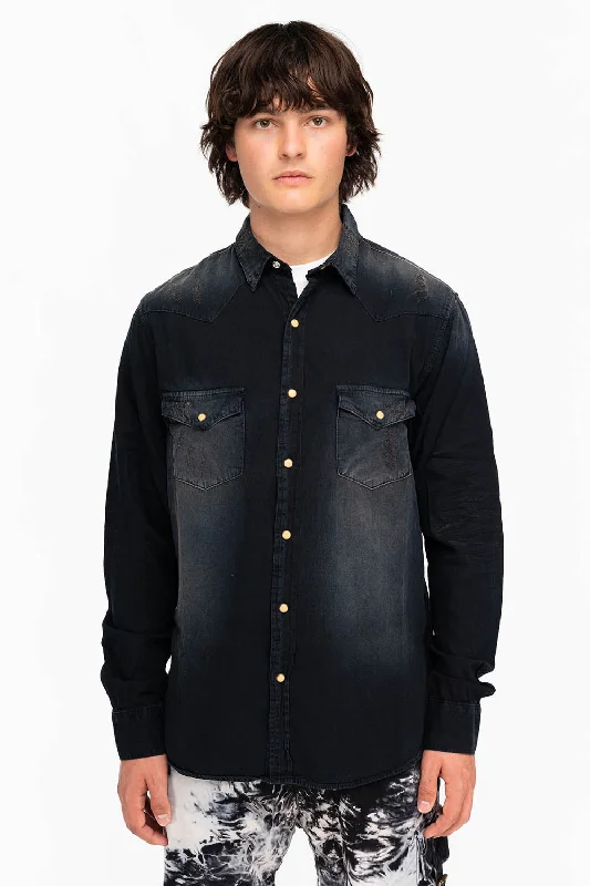 Plus Size Blouses for Curvy -WESTERN NATIVE AMERICAN STYLE MENS DESTROY DENIM SHIRT IN F_ED UP BLACK