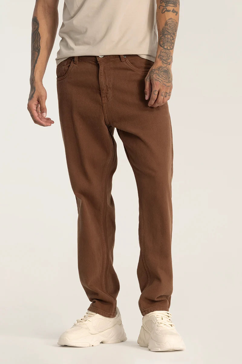 Straight Jeans for Classic Style -Brown Plain Baggy Fit Jeans