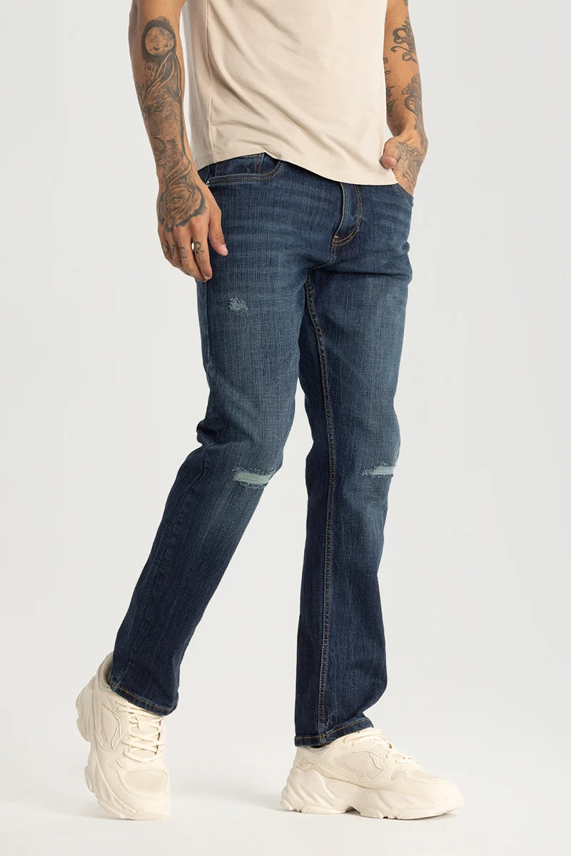 Hiking Jeans for Trail -Navy Distressed Regular Fit Jeans