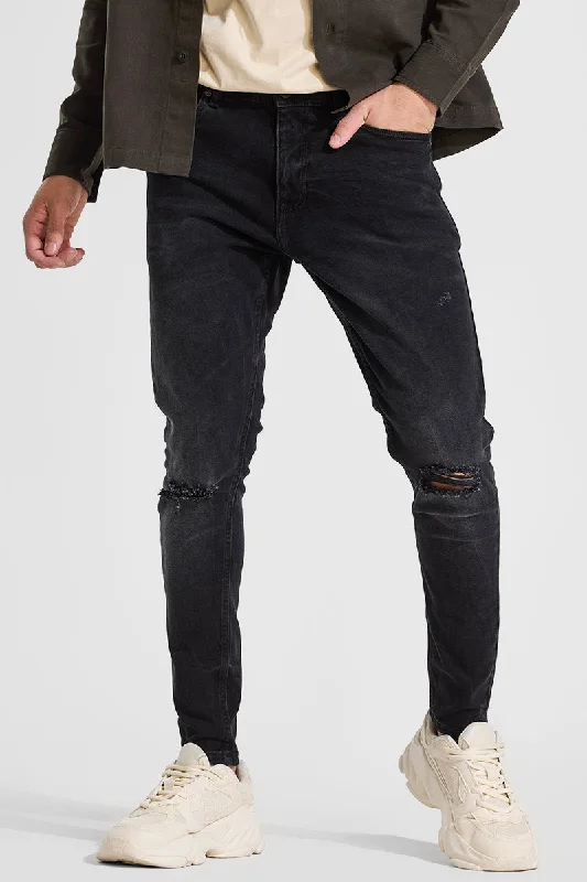 Raw Hem Jeans for Trendy -Black Distressed Skinny Fit Jeans