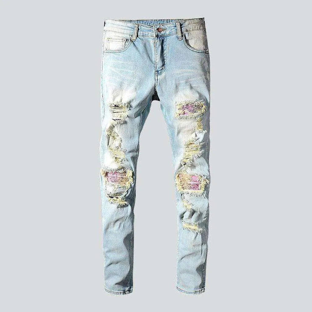 Dark Wash Jeans for Elegance -Pink patchwork distressed men's jeans