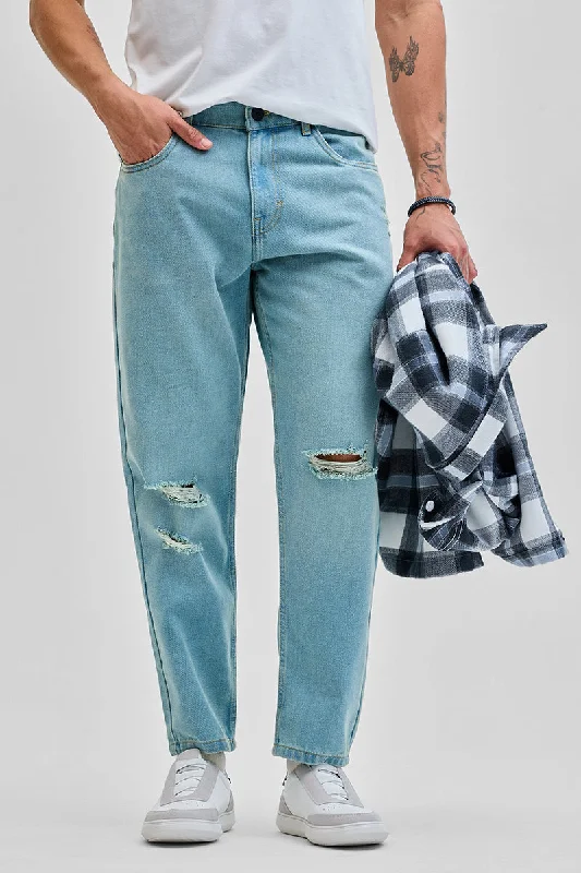 Decorated Back Pocket Jeans for Style -Light Blue Distressed Baggy Fit Jeans