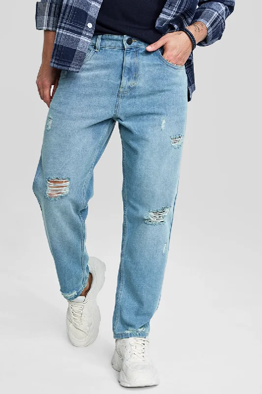 Distressed Jeans for Edgy Style -Light Blue Plain Baggy Fit Jeans