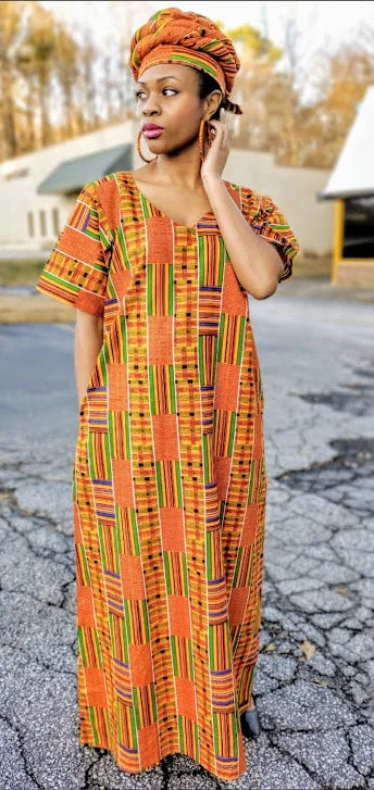 Linen Dresses for Breathable -Medasi Kente African Print Caftan Boubou Dress-DP3227CB