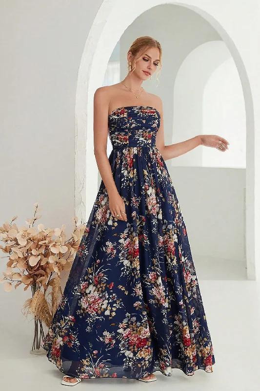 Maximalist Dresses for Bling -Printed Floral Navy Strapless A Line Long Formal Dress