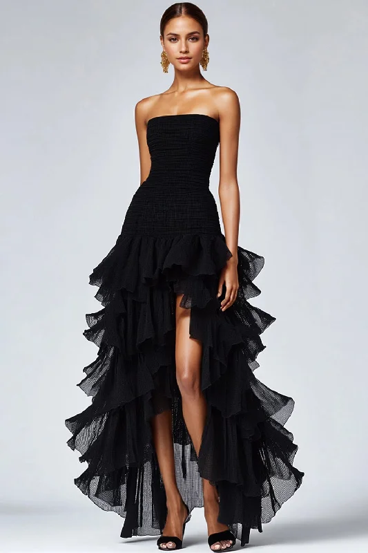 Satin Dresses for Shiny Look -Black Strapless Tulle Tiered Ruffles Formal Dress