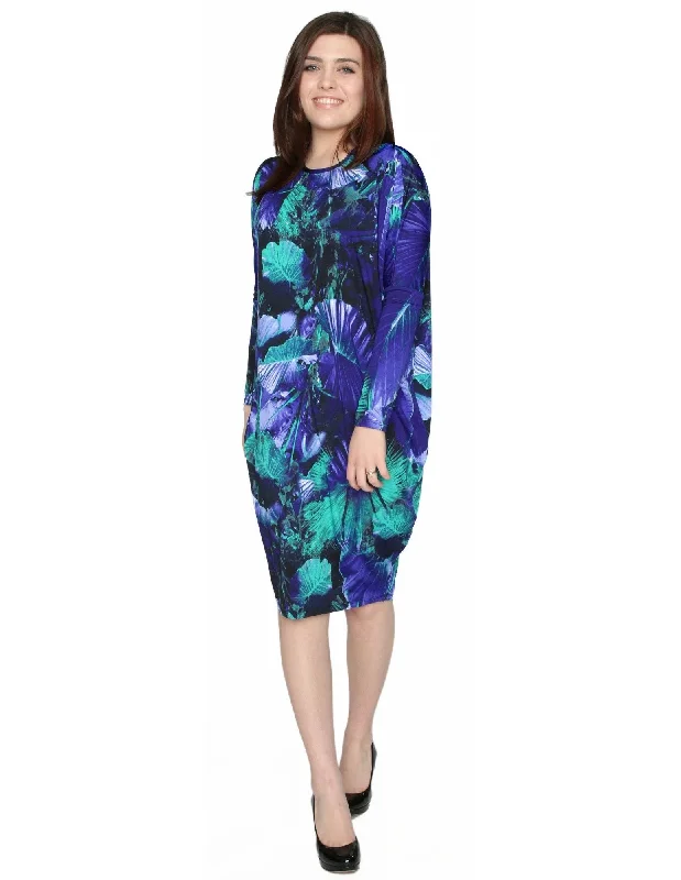 Geometric Dresses for Modern -Women's Cobalt Fern Printed Comfy Cover-Up Knee Length Dress