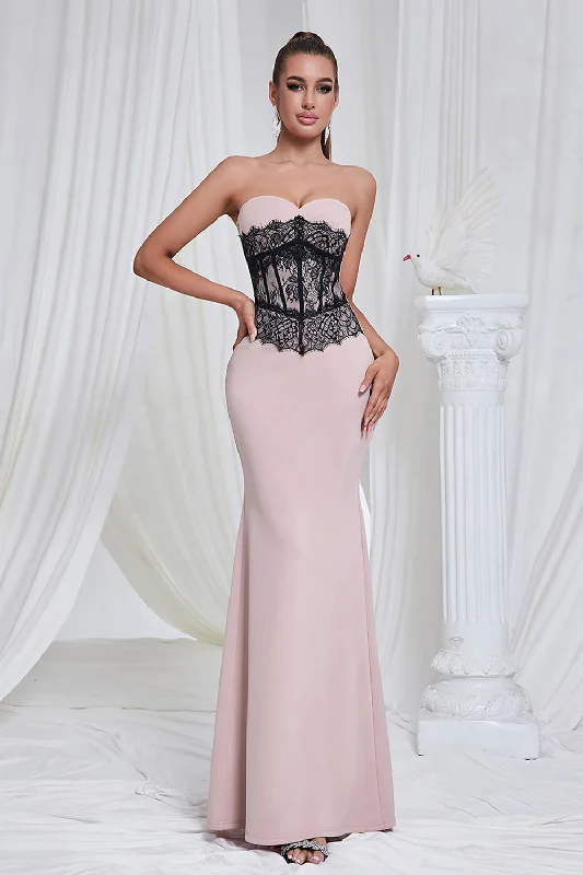 Beach Dresses for Coastal -Mermaid Pink Strapless Lace Long Prom Dress