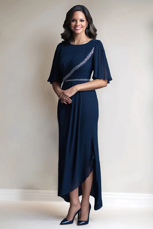 Capri Dresses for Playful -Navy Chiffon Sheath Bell Sleeve Mother of the Bride Dress