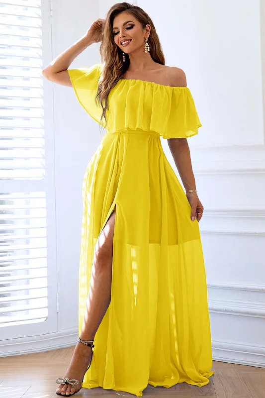 Formal Dresses for Occasions -Yellow A-Line Off the Shoulder Ruffle Long Formal Dress with Slit