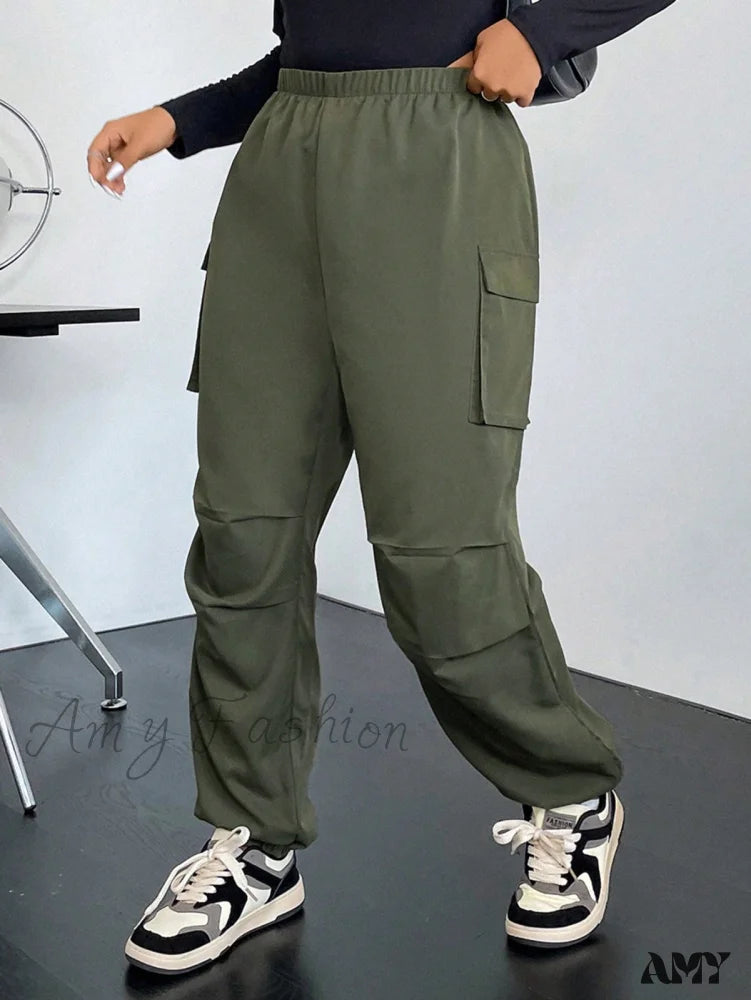 Plus Size Cargo Pants for Curvy Figures -Amy Fashion - Flap Pocket Side Cargo Pants