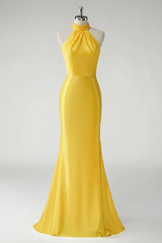 Tie-up Dresses for Decorative -Yellow Mermaid Halter Satin Long Prom Dress