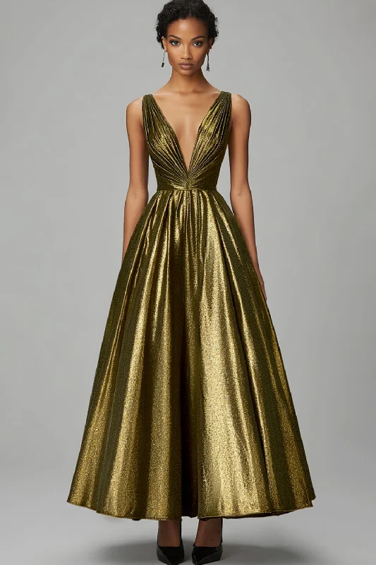 Silk Dresses for Luxurious -Sparkly Dark Gold A-Line V Neck Ruched Ankle Length Formal Dress