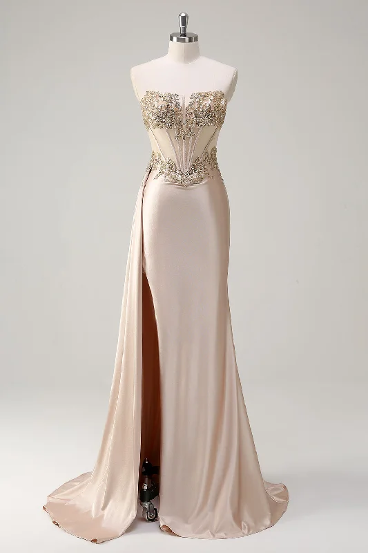 Off-shoulder Dresses for Feminine -Champagne Strapless Mermaid Satin Side Cape Prom Dress with Sequins