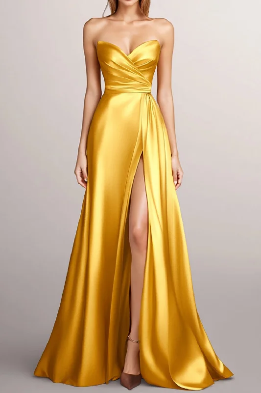 Blue Dresses for Classic -Yellow A-Line Strapless Wrap Ruched Satin Long Formal Dress with Slit