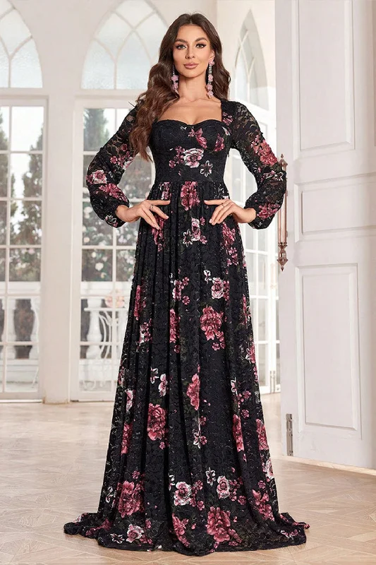 Fringed Dresses for Edgy -A Line Long Sleeves Floral Print Black Long Prom Dress