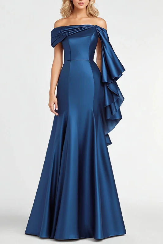 Black Dresses for Versatile -Dark Blue Mermaid Off the Shoulder Ruffles Satin Evening Dress