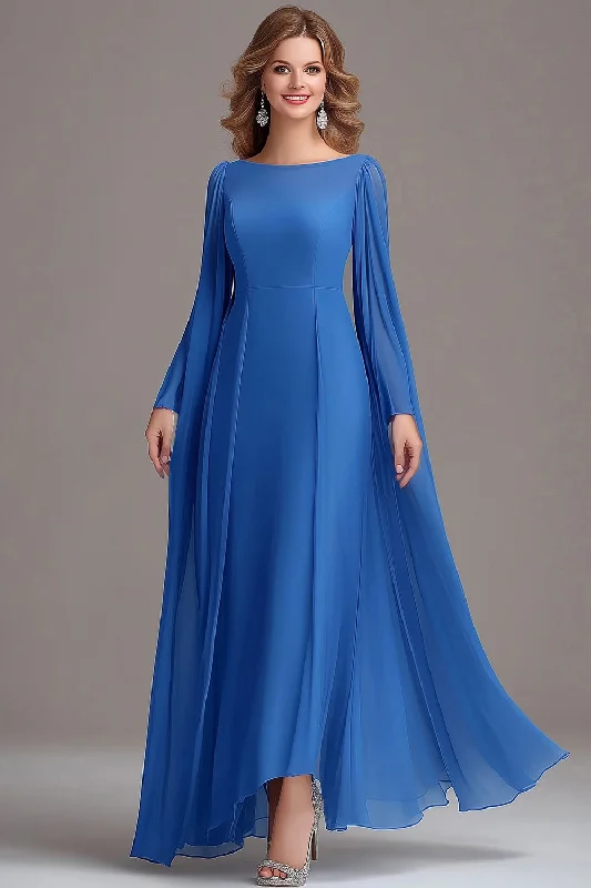 Buttoned Dresses for Stylish -Blue Tulle Long Sleeves A Line Boat Neck Mother Of the Bride Dress