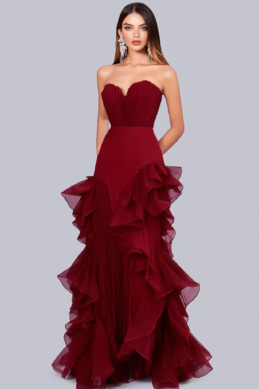 Polyester Dresses for Durable -Strapless Burgundy Ruffled Sheath Formal Dress