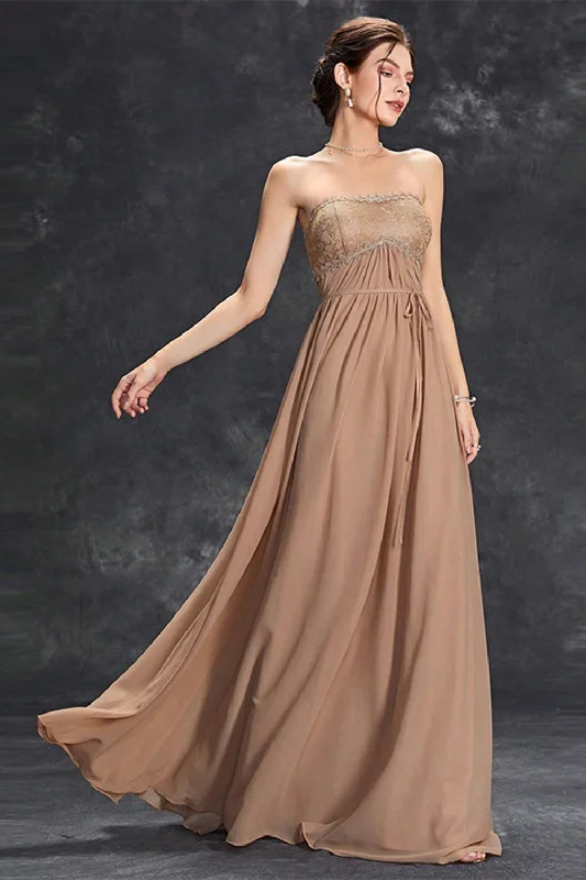 Formal Dresses for Occasions -Simple Khaki A-Line Strapless Chiffon Long Prom Dress