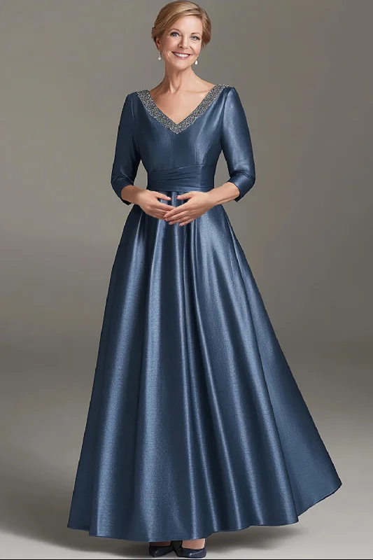 Nylon Dresses for Stretchable -Long Sleeves A Line Dark Blue V Neck Mother of the Bride Dress