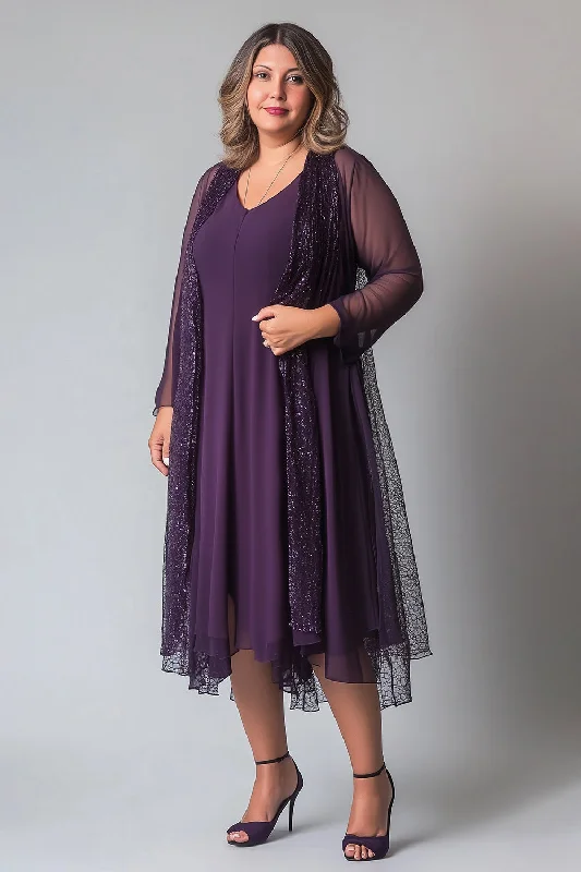 Beige Dresses for Neutral -Sparkly Purple Chiffon A Line V Neck Long Sleeves Mother of The Bride Dress