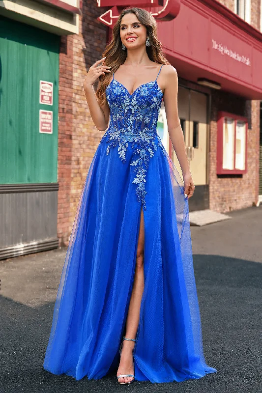 Bohemian Dresses with Tassels -Royal Blue Tulle A-Line Spaghetti Straps Corset Long Prom Dress with Slit