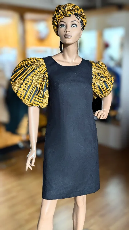 Work Dresses for Professional -Dupsie's Nyame Nti Kente Black and Gold African Print A-Line Dress DP4091D