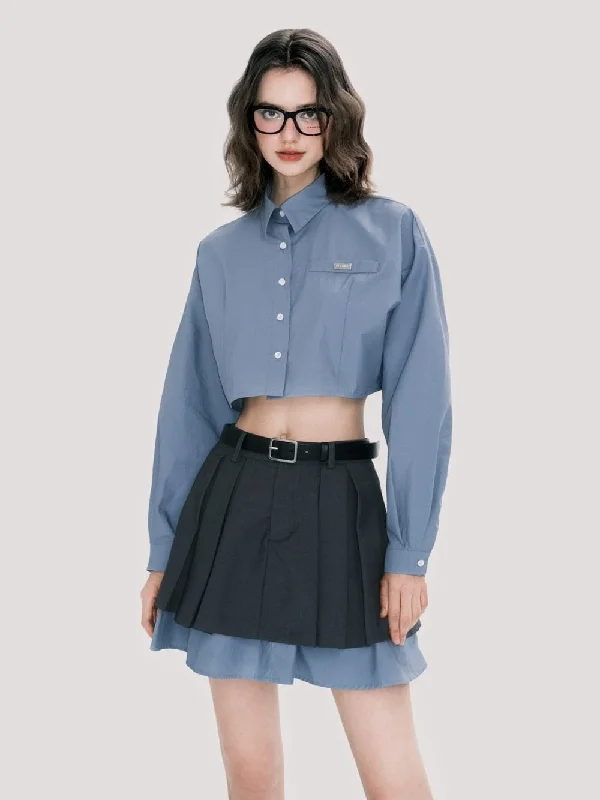 Push Back Blouses for Convenience -Chic Scholar Cropped Shirt And Pleated Skirt Set