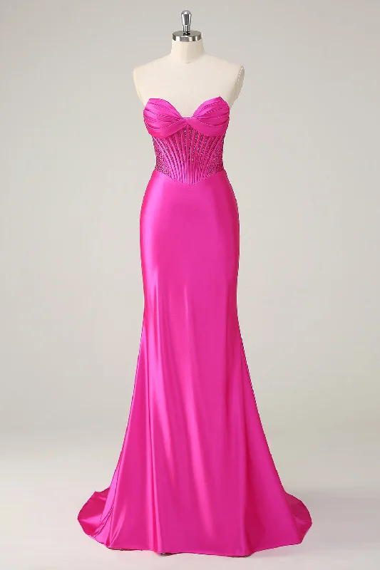 Hippie Dresses with Beads -Fuchsia Mermaid Strapless Corset Prom Dress