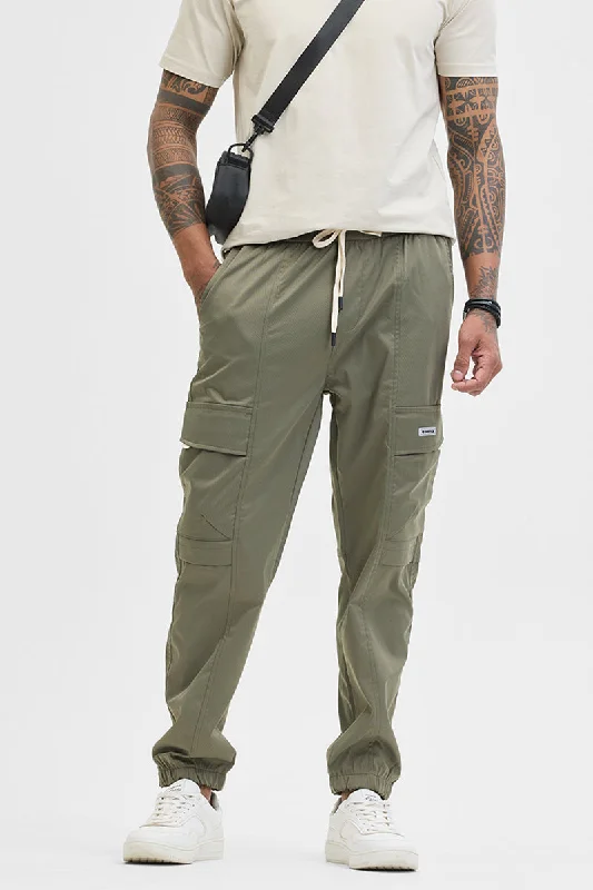 Denim Cargo Pants for Urban Streetwear -Olive Slim Fit Cargo